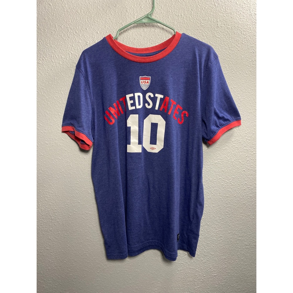 Umbro USA Soccer T Shirt Mens Large Blue Red Ringer United States 10 Graphic Tee